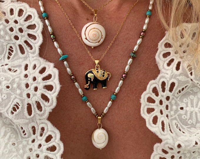 Sea shell necklaces, Black Elephant necklace, Shiva eye necklace, shell Jewelry, Aegean sea shells, beach Jewelry, Gift for her