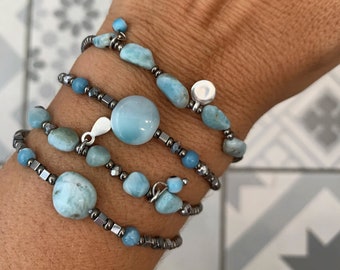 Larimar stone bracelets, authentic Caribbean Larimar gemstone, Stone of Atlantis, smooth sky blue color, sterling silver, Adjustable length