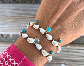 Natural Sea Shell Bracelet: Authentic Cretan White Cone Shells, Boho beach Jewellery, Adjustable