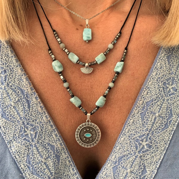 Larimar necklace, Evil eye pendant, stunning sky blue Larimar Jewelry, Stone of Atlantis, silver beaded, Double or Single, Adjustable length