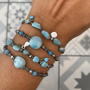 Larimar stone bracelets, authentic Caribbean Larimar gemstone, Stone of Atlantis, smooth sky blue color, sterling silver, Adjustable length