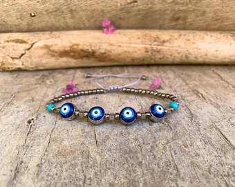 Boze oog-armband, boho Griekse beschermingsbedel, gouden of zilveren kralen, verstelbare lengte