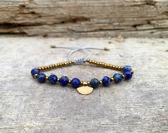 Lapis Lazuli Bracelet, Gold Beaded, Handmad Natural Stone Jewellery Gift