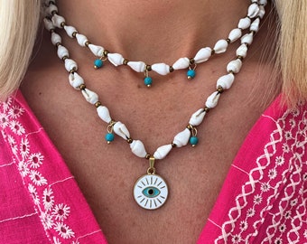 Natural Sea Shell Necklace: Authentic Cretan White Cone Shells, Evil Eye Pendant, Bohemian Jewellery