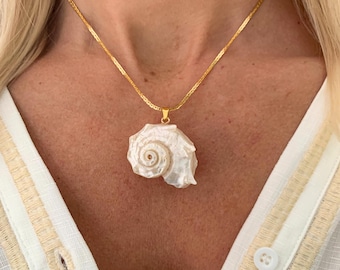 Mother of Pearl Necklace, Authentic Greek Shell Pendant, Boho Beach Jewellery, Stainless Steel Chain