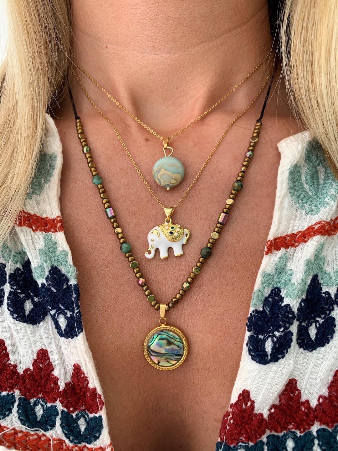 Collana Aqua Jasper, collana elefante, ciondoli Boho, collane a strati