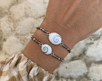 Shiva Eye Shell Bracelet: 925 Silver, Authentic Mediterranean sea shell Jewelry, Adjustable length
