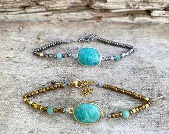 Amazonite Gemstone Bracelet: Sterling Silver Bezel, Minimalist Gemstone Jewelry, Adjustable Fit