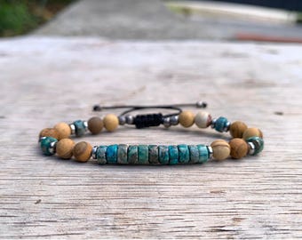 Bracelet Sur Mesure Jaspe Impérial, Turquoise Et Bois - Homme Ou Femme, Fait Main France