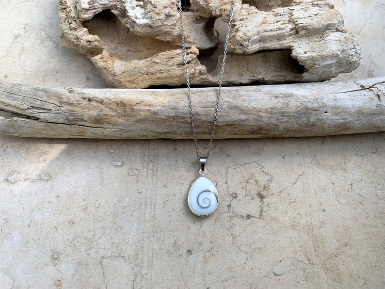 May include: A silver chain necklace with a white shell pendant featuring a spiral pattern.