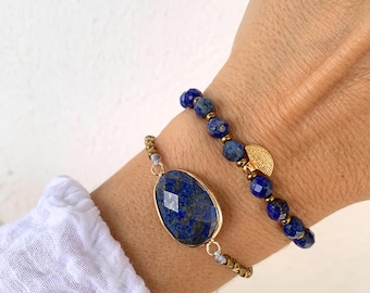 Authentic Lapis Lazuli Bracelet Set, Handmade Healing Crystal Jewelry, Adjustable Gemstone Gift for Her