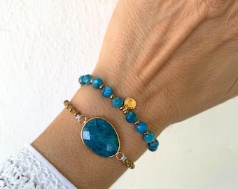 Apatite Bracelet Set, Blue Apatite Crystal Healing Bracelets, Handmade Minimalist Gemstone Jewellery Gift