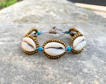 Greek Cowrie Shell Bracelet, Handmade Bohemian Beach Jewellery, Aegean Summer Statement Bracelet