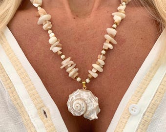 Nautilus Shell Necklace, Greek Sea Shell Pendant, Mother of Pearl Boho Beach Jewelry, Adjustable
