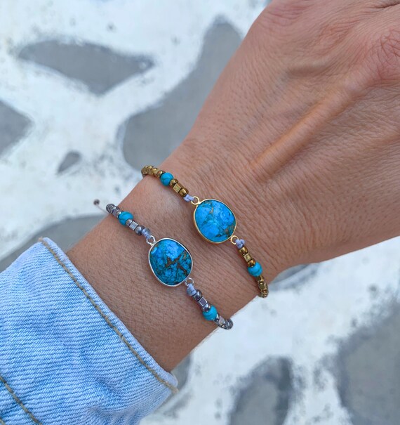 Copper Turquoise Briolette Bracelet: Bohemian Adjustable Beaded