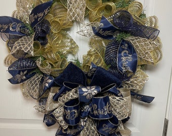 Christmas Wreath, Holiday Wreath, Christmas Decor, Blue Wreath, Gold Wreath, Sparkly Wreath, Merry Christmas Wreath, Custom Wreath, Wreath