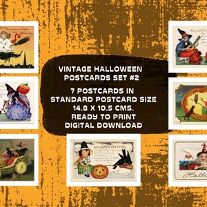 Ensemble de cartes postales d'Halloween vintage #2, total de 7 cartes postales d'images en JPG. & PDF., Impression au format carte postale standard, Téléchargement numérique, Prêt à imprimer