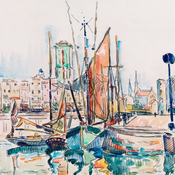 La Rochelle (ca. 1911) painting, boat and river, vintage watercolors painting, famous artist, digital download file printable