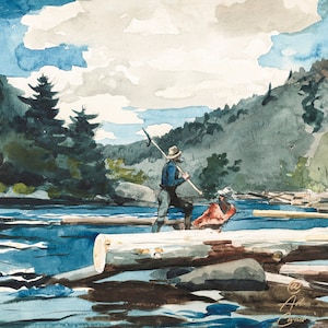 May include: A watercolor painting depicting two men standing on a log in a river. The men are wearing hats and are holding poles. The river is surrounded by trees and the sky is cloudy.