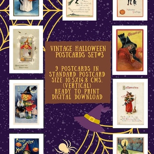 Ensemble de cartes postales d'Halloween vintage #3, total de 9 cartes postales d'images en JPG. & PDF., Impression au format carte postale standard, Téléchargement numérique, Prêt à imprimer
