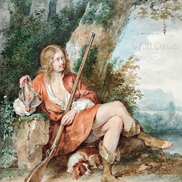 Resting hunter with musket and partridge by a tree(1775)by Aert Schouman, wall art, vintage watercolor painting, digital download printable