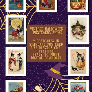 Ensemble de cartes postales d'Halloween vintage #4, total de 9 cartes postales d'images en JPG. & PDF., Impression au format carte postale standard, Téléchargement numérique, Prêt à imprimer