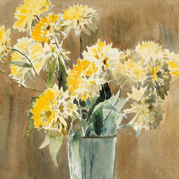 Vase mit gelben Blumen (1915) von Hannah Borger Overbeck, berühmte Malerin, Wandkunst, vintage Aquarellmalerei, digitaler Download druckbar