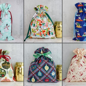 Vintage Holiday Patterns Drawstring Gift Bags, Sustainable and Reusable Gift Wrap, Drawstring Gift Bags, Fabric gift bag