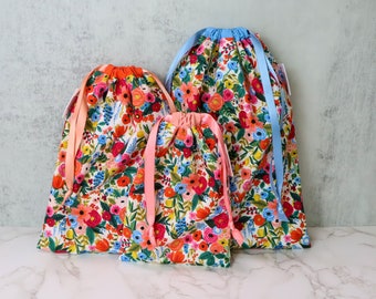 Rifle Paper Fabric Drawstring Bag: Reusable Lined Accessory & Travel Organizer, Book Tote