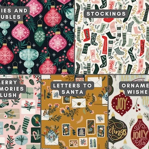 May include: A collage of five holiday-themed fabric patterns. Designs include Berries and Baubles on black, Stockings on white, Merry Memories Blush on pink, Letters to Santa on gold, and Ornament Wishes on cream with festive text.