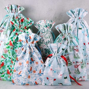 Reusable Holiday Fabric Gift Bags: Winter Prints, Drawstring Christmas Wrapping