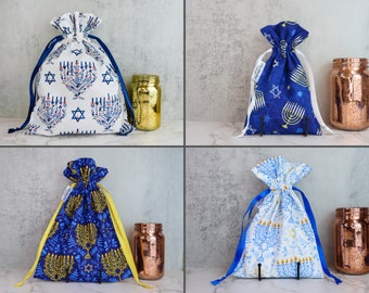 Menorah Hanukkah Drawstring Gift Bags, Sustainable and Reusable Gift Wrap, Drawstring Gift Bags, Fabric gift bag