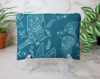 Bird Sketch Zipper Pouch, Handmade Coin & Makeup Bag, Pencil Case, Small Wallet