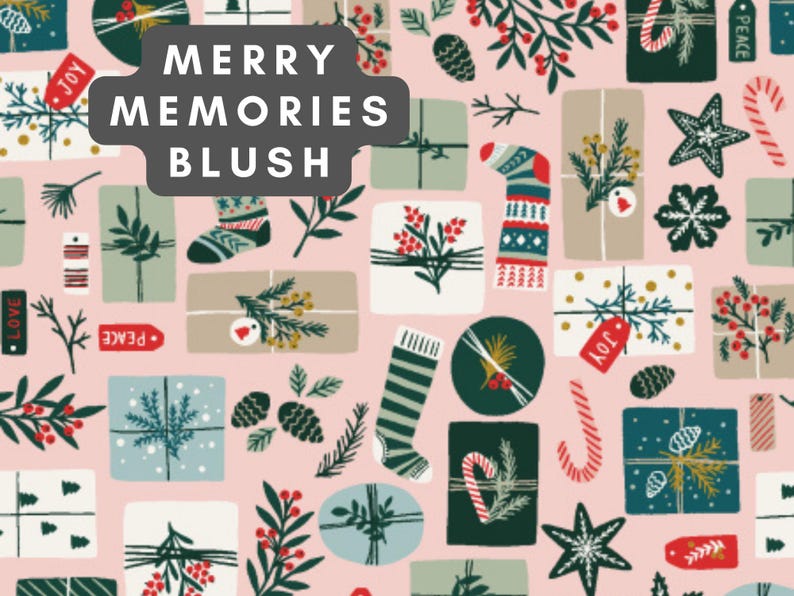 May include: A light pink background patterned with holiday illustrations including wrapped gift boxes, stockings, candy canes, pine cones, and evergreen sprigs. The text MERRY MEMORIES BLUSH is printed in white on a dark gray rounded rectangular label.
