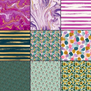 May include: A digital collage of nine different patterns. The patterns include a pink and gold marble, a purple and white marble, pink and white stripes, a floral pattern with pink, yellow, and blue flowers, a watercolor pattern with pink, blue, and yellow circles, a green and gold striped pattern, a green floral pattern with pink flowers, a green floral pattern with pink flowers, and a green and yellow sunflower pattern.