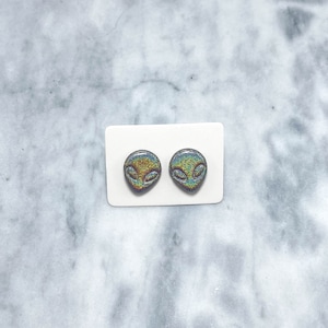 alien earrings, holographic earrings, hypoallergenic, surgical steel