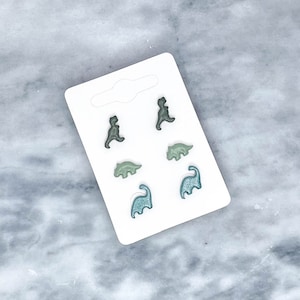 tiny dinosaur earrings / blue & green handmade dinosaur stud earring pack / brontosaurus, stegosaurus, t-rex earrings