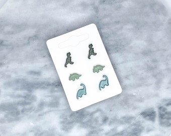 tiny dinosaur earrings / blue & green handmade dinosaur stud earring pack / brontosaurus, stegosaurus, t-rex earrings