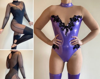 CUSTOMISABLE Stocking Illusion Catsuit/Unitard - Sweetheart Neck, Long Sleeves, Keyhole back - Rhinestones - Aerial, Circus Dance Costume