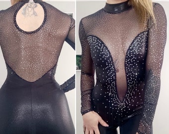 CUSTOMISABLE Deep V Neck Catsuit/Unitard - Long Sleeves, Keyhole back - Plain or Metallic - Rhinestones - Aerial, Circus Dance Costume