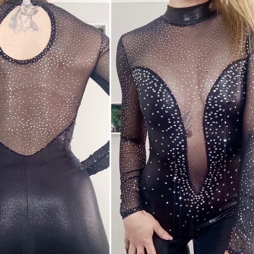 CUSTOMISABLE Deep V Neck Catsuit/Unitard - Long Sleeves, Keyhole back - Plain or Metallic - Rhinestones - Aerial, Circus Dance Costume