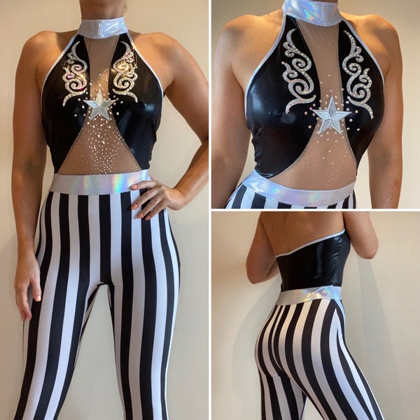 CUSTOMISABLE Cirque Catsuit/Unitard - Striped leggings - Circus Stars - Mesh Panel - Sleeveless  - Rhinestones - Aerial Circus Dance Costume