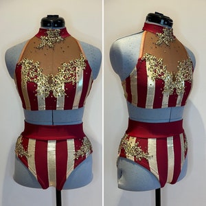 CUSTOMISABLE Two Piece Striped Costume - Sweetheart Mesh Halterneck Top/High Waisted Pant - Handmade - Dance Circus Aerialist Pole