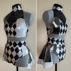 CUSTOMISABLE Three Colours Two Piece Costume - Halterneck Top/High Waisted Skirt Pants - Triple Colour - Dance Circus Aerialist Contortion