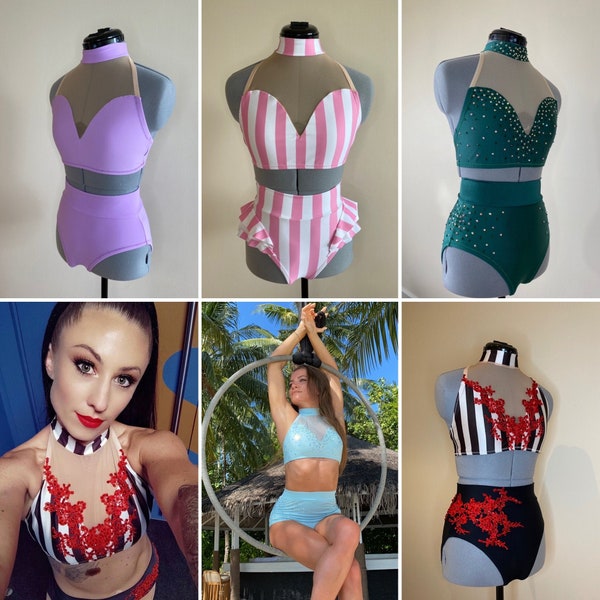 CUSTOMISABLE Two Piece Costume - Sweetheart Mesh Halterneck Top/High Waisted Pant - Handmade, Choose Colour - Dance Circus Aerialist Pole