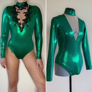 CUSTOMISABLE Low V Neck Long Sleeved Leotard - High Neck - Full Back - Handmade, Choose Colour - Dance Circus Aerialist Contortion Pole