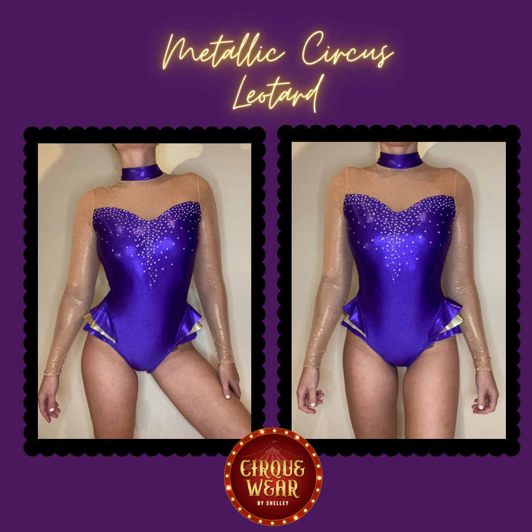 Metallic Purple and Gold Sparkle Mesh Frilly Leotard Long Sleeve Show Style  Costume Rhinestones Circus, Aerialist, Dance 