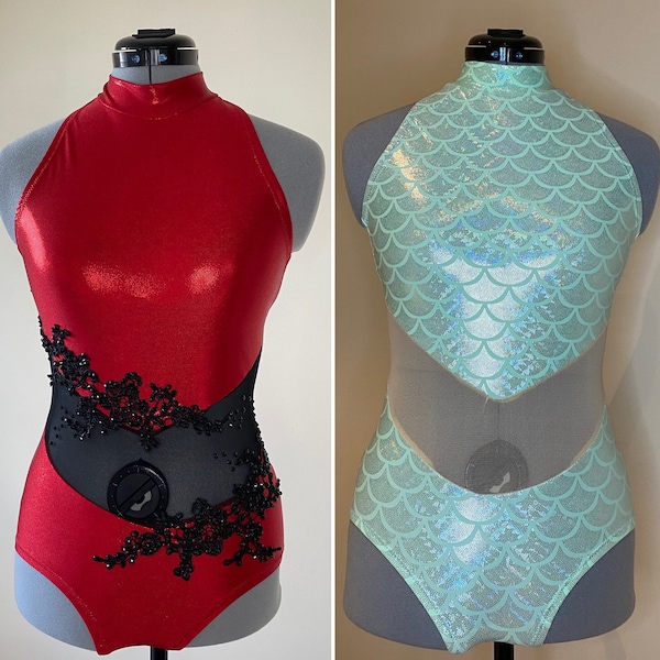 CUSTOMISABLE Halterneck Leotard, Mesh Waist Panel - Handmade, Choose Colour - Rhinestones - Dance Circus Aerialist Contortion Pole Costume