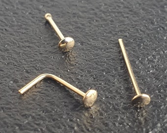 Solid Gold 14k /ct Nose Stud Bone Pin Shape L Shape with 2 mm Round Top