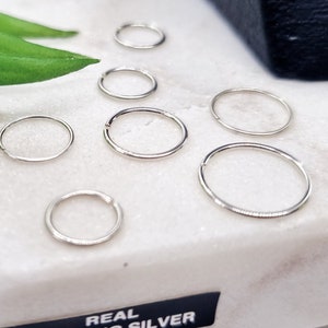 925 Sterling Silver Seamless Plain Ring Nose Cartilage Tragus Hoop 0.6 MM 0.8 MM thick Piercing 6mm , 8mm , 10mm Diameter image 6
